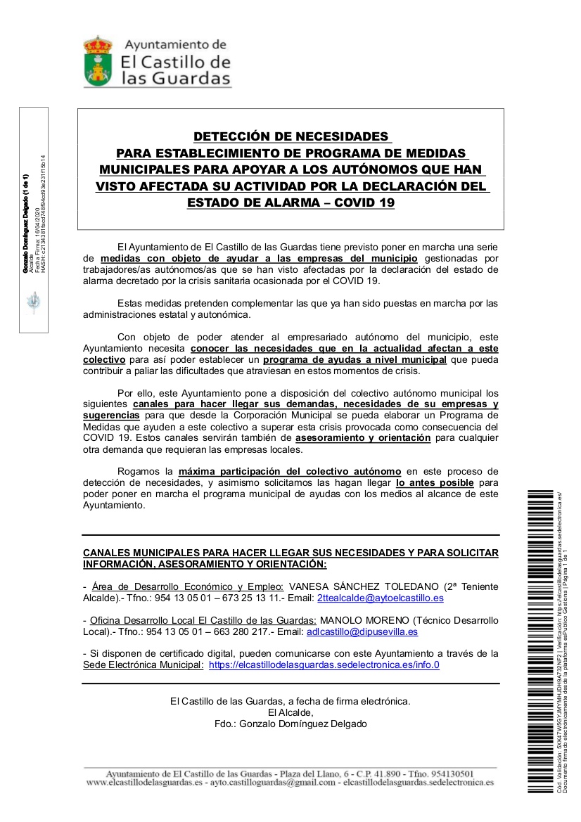Cartel Anuncio medidas municipales de ayufdas a autónomos firmado
