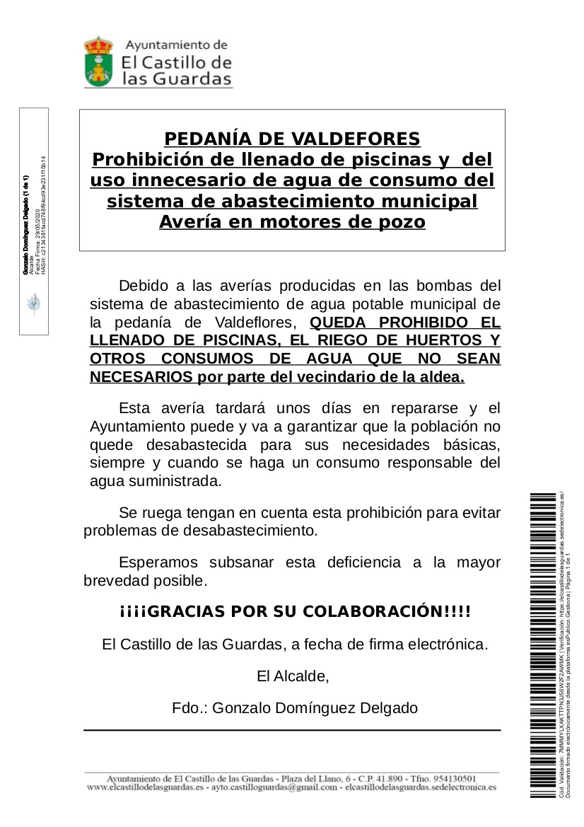 Cartel Prohibicion uso innecesario agua Valdeflores 2020