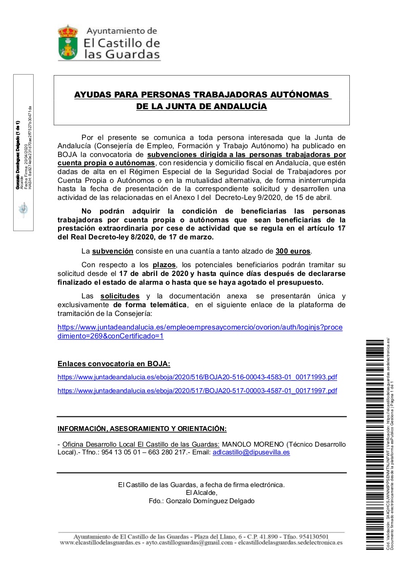 Cartel ayudas autonomos Junta Andalucia firmado